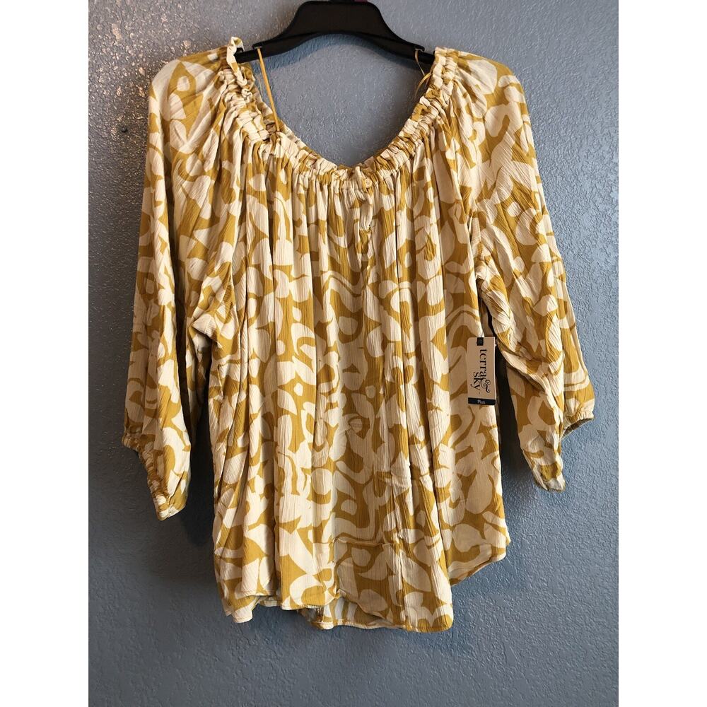 Terra & Sky Womens Tunic Top 2X 3/4 Sleeve Amber Glow Floral Boho Cottage‎ New